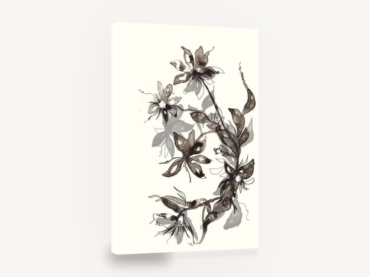 Smoky Ink Blooms, ink wash flowers black and grey, floral canvas wall art print ready to hang