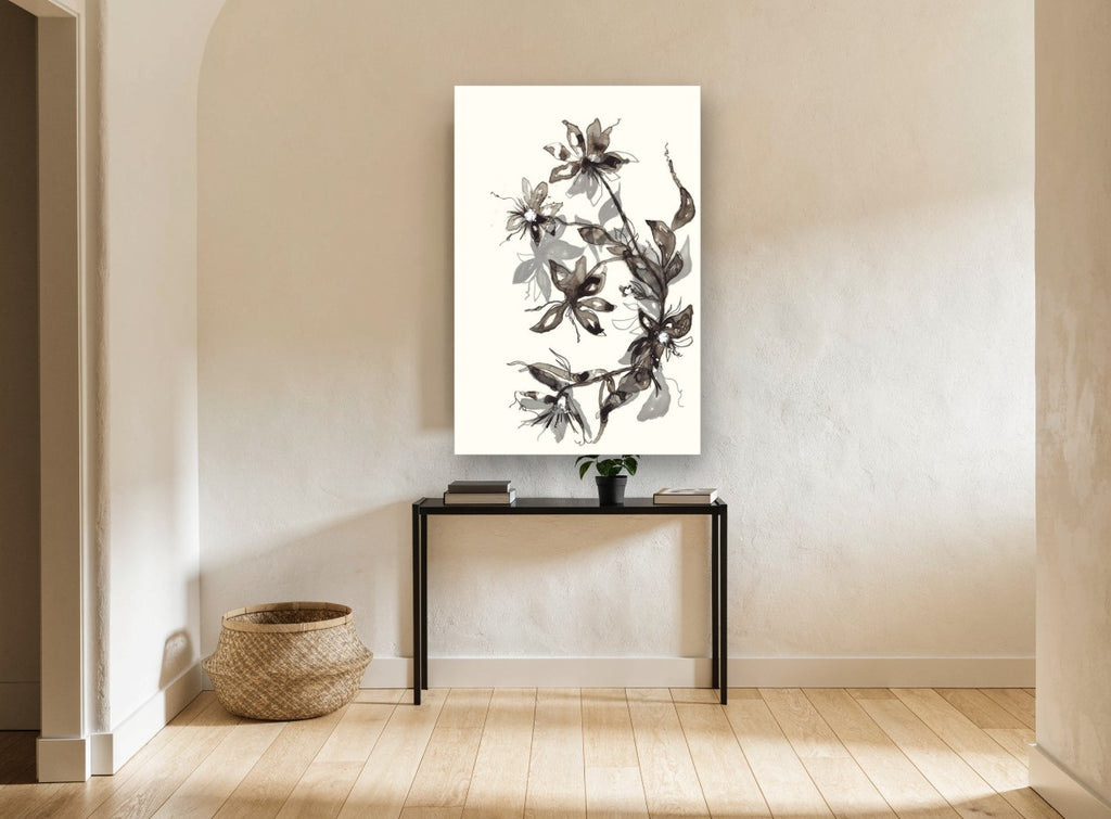 Smoky Ink Blooms floral canvas print on the wall of a hallway