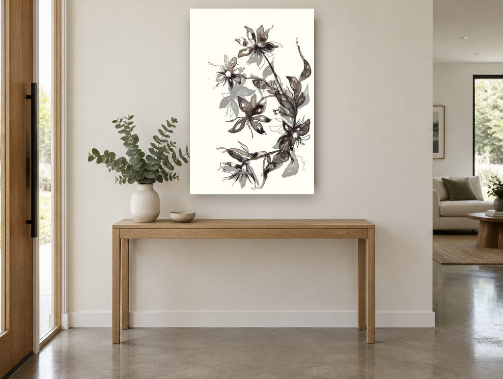 Smoky Ink Blooms floral canvas print on the wall of a entry hall