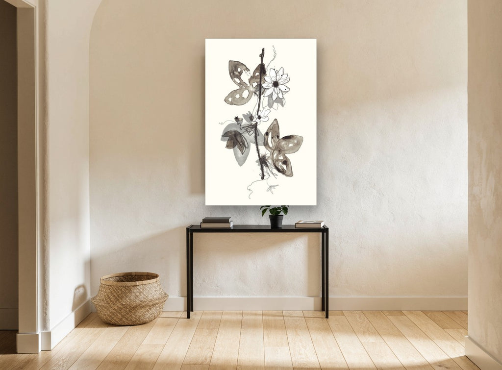 Ink Wash Passionflower Vine floral canvas print on the wall of a hallway