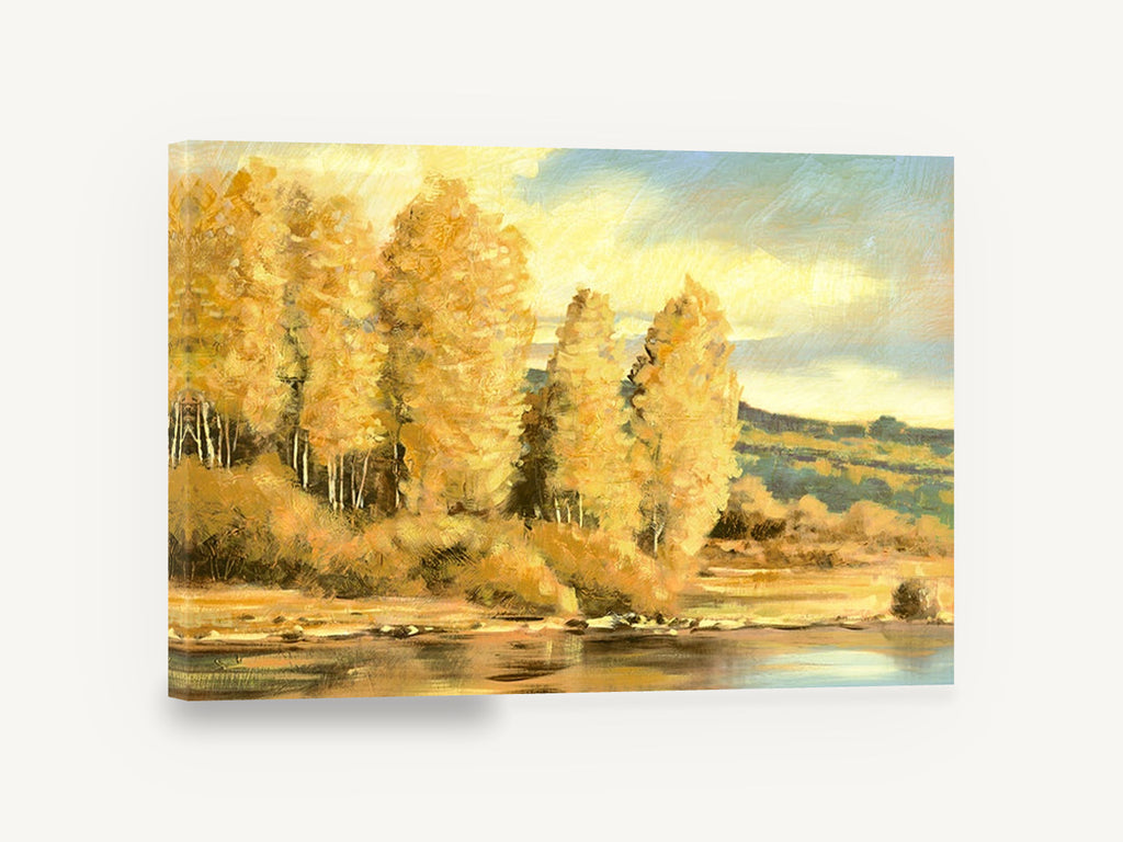 Golden Aspens by the River, golden autumn aspens river painting, landscape canvas wall art print ready to hang