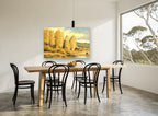 Golden Aspens by the River landscape canvas print on the wall of a dining room