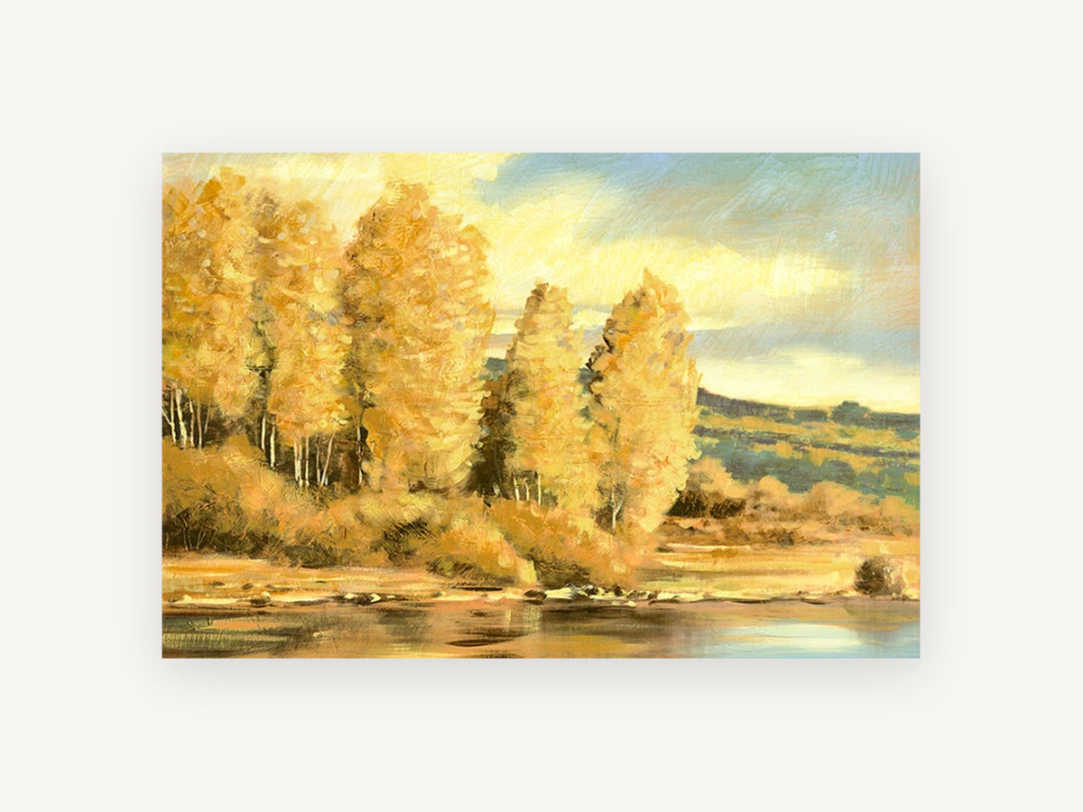 Golden Aspens by the River, golden autumn aspens river painting, landscape canvas wall art print, front view