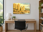 Golden Aspens by the River landscape canvas print on the wall of a study