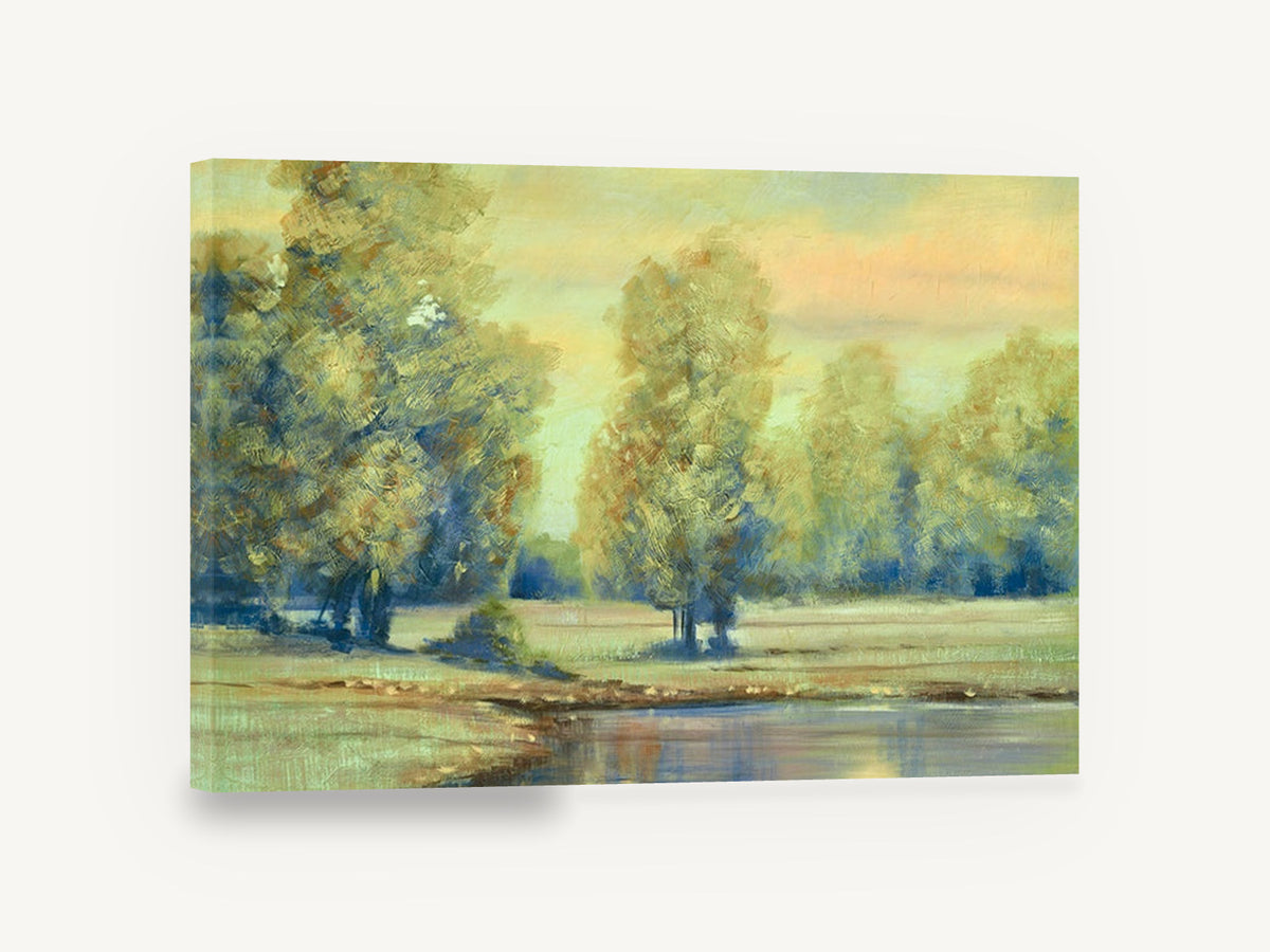 Evening Meadow Pool, golden trees pond impressionist landscape, landscape canvas wall art print ready to hang