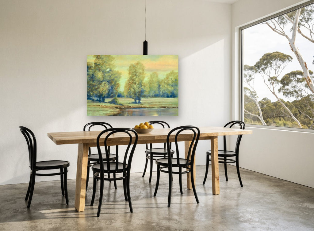 Evening Meadow Pool landscape canvas print on the wall of a dining room
