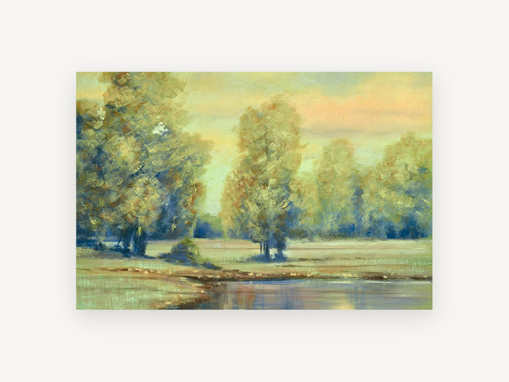 Evening Meadow Pool, golden trees pond impressionist landscape, landscape canvas wall art print, front view