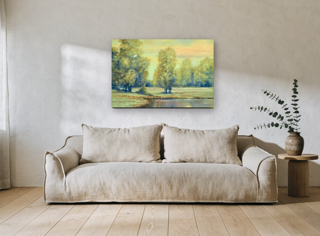 Evening Meadow Pool landscape canvas print on the wall of a living room