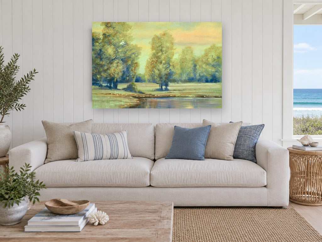 Evening Meadow Pool landscape canvas print on the wall of a beach house living room