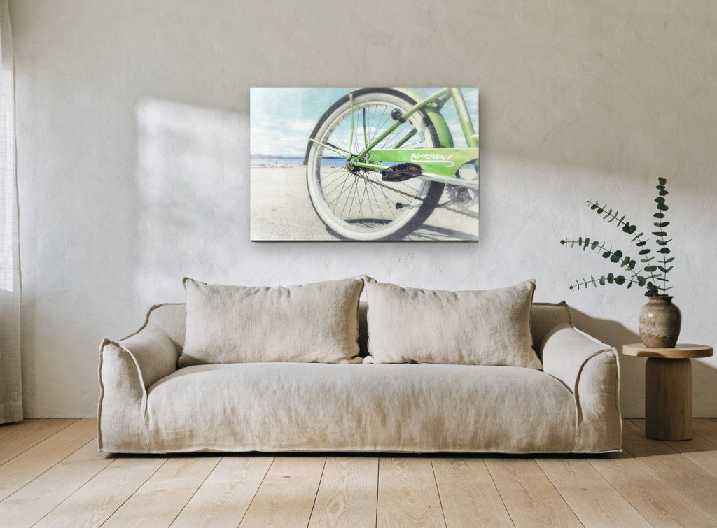 Green Beach Cruiser coastal canvas print on the wall of a living room