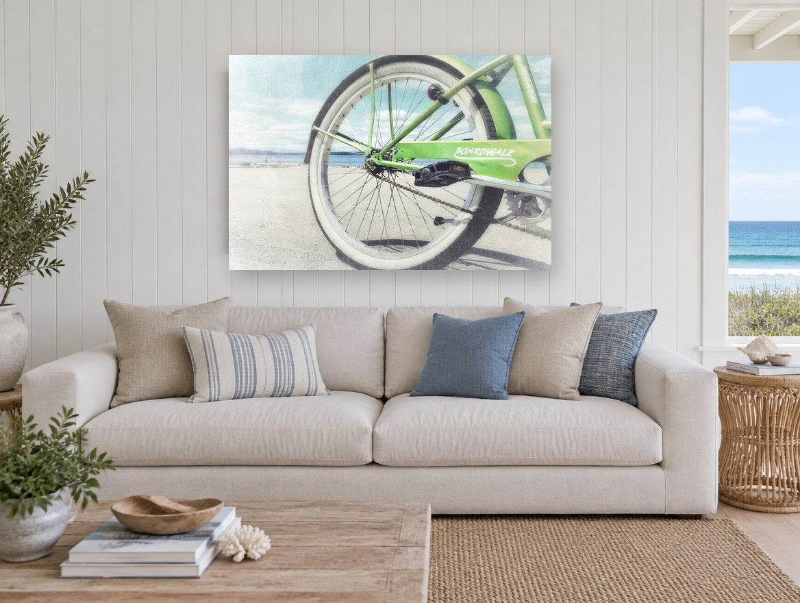 Green Beach Cruiser coastal canvas print on the wall of a beach house living room