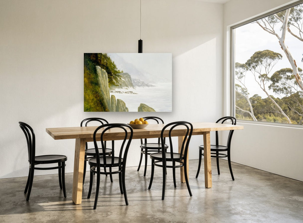 Misty Cliff Headlands coastal canvas print on the wall of a dining room