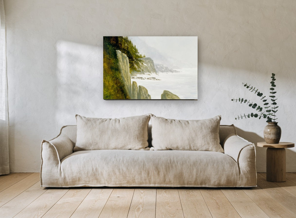 Misty Cliff Headlands coastal canvas print on the wall of a living room