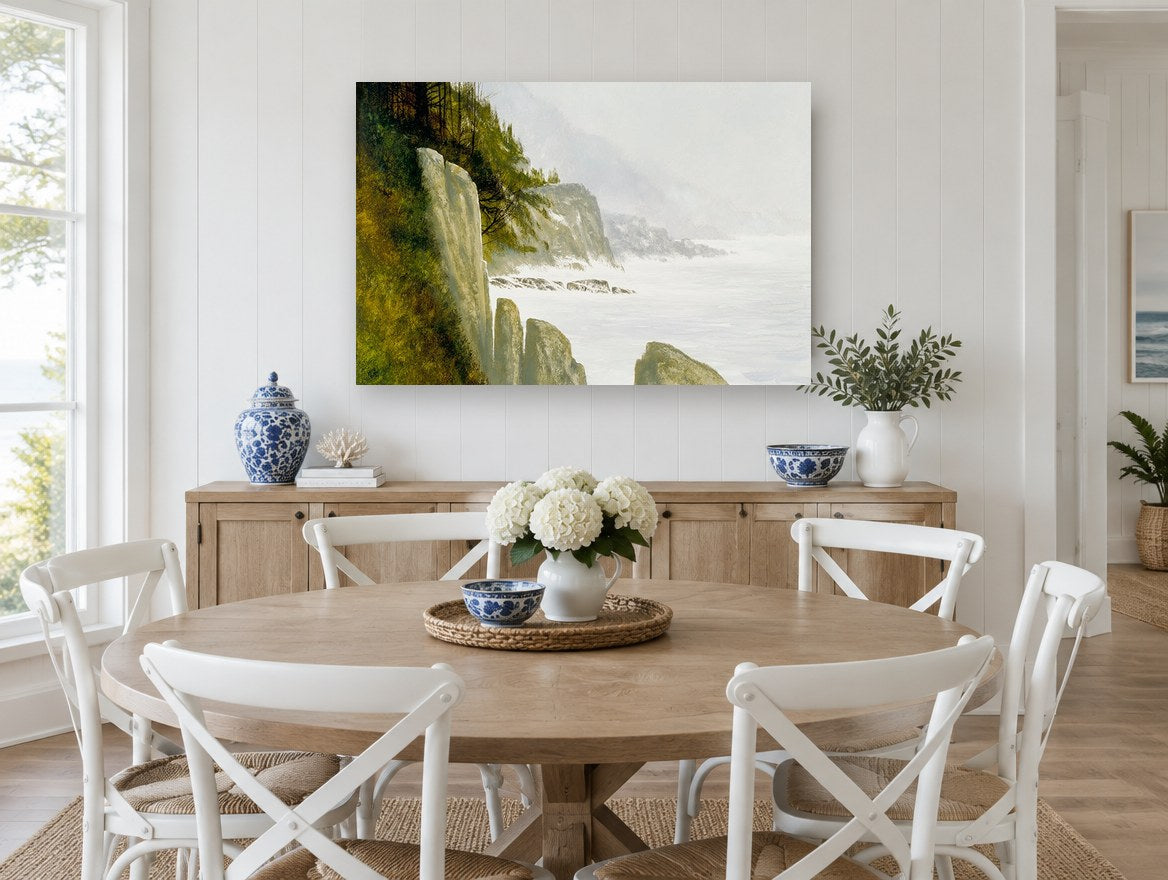 Misty Cliff Headlands coastal canvas print on the wall of a Hamptons dining room