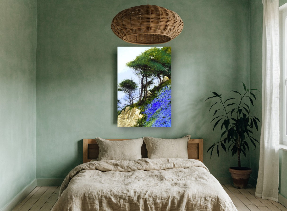 Bluebell Cliffside floral canvas print on the wall of a bedroom