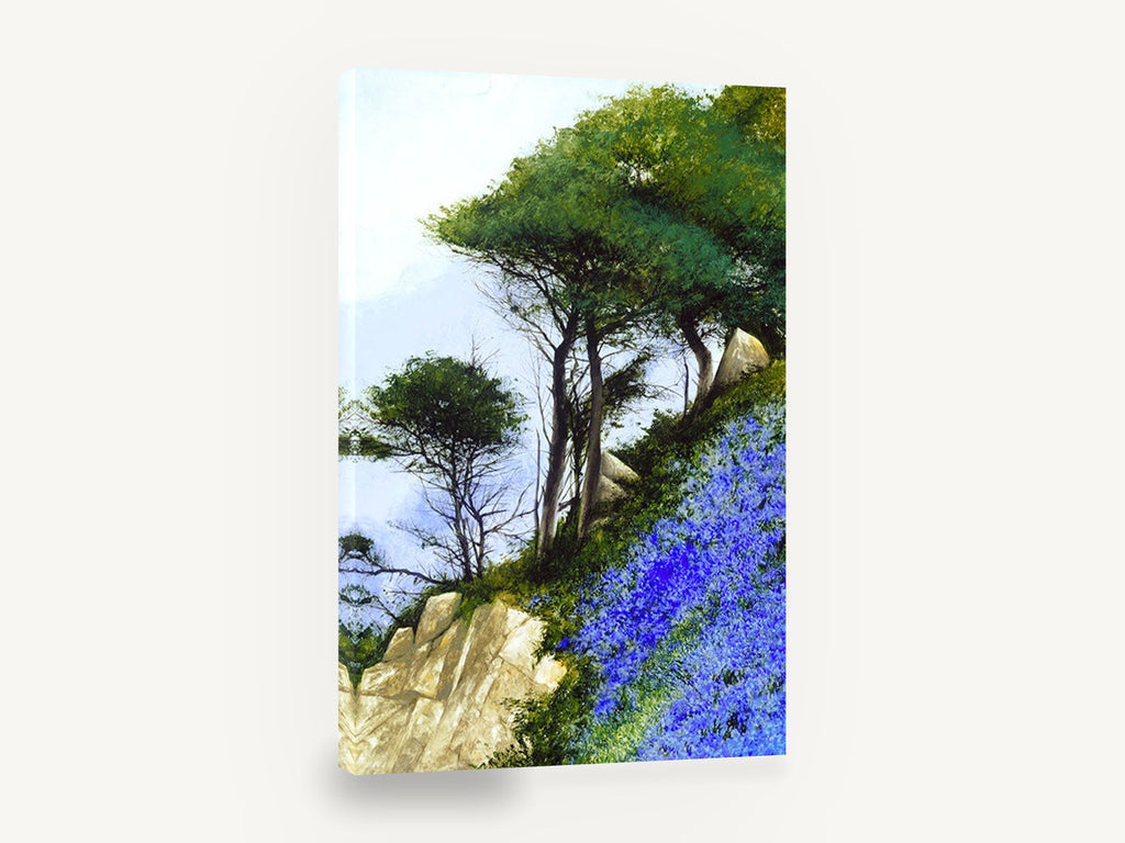 Bluebell Cliffside, bluebell hillside cliff trees painting, floral canvas wall art print ready to hang