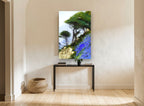 Bluebell Cliffside floral canvas print on the wall of a hallway