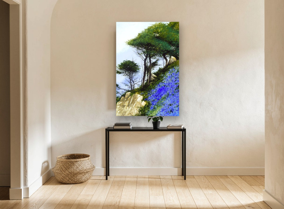 Bluebell Cliffside floral canvas print on the wall of a hallway