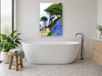 Bluebell Cliffside floral canvas print on the wall of a bathroom