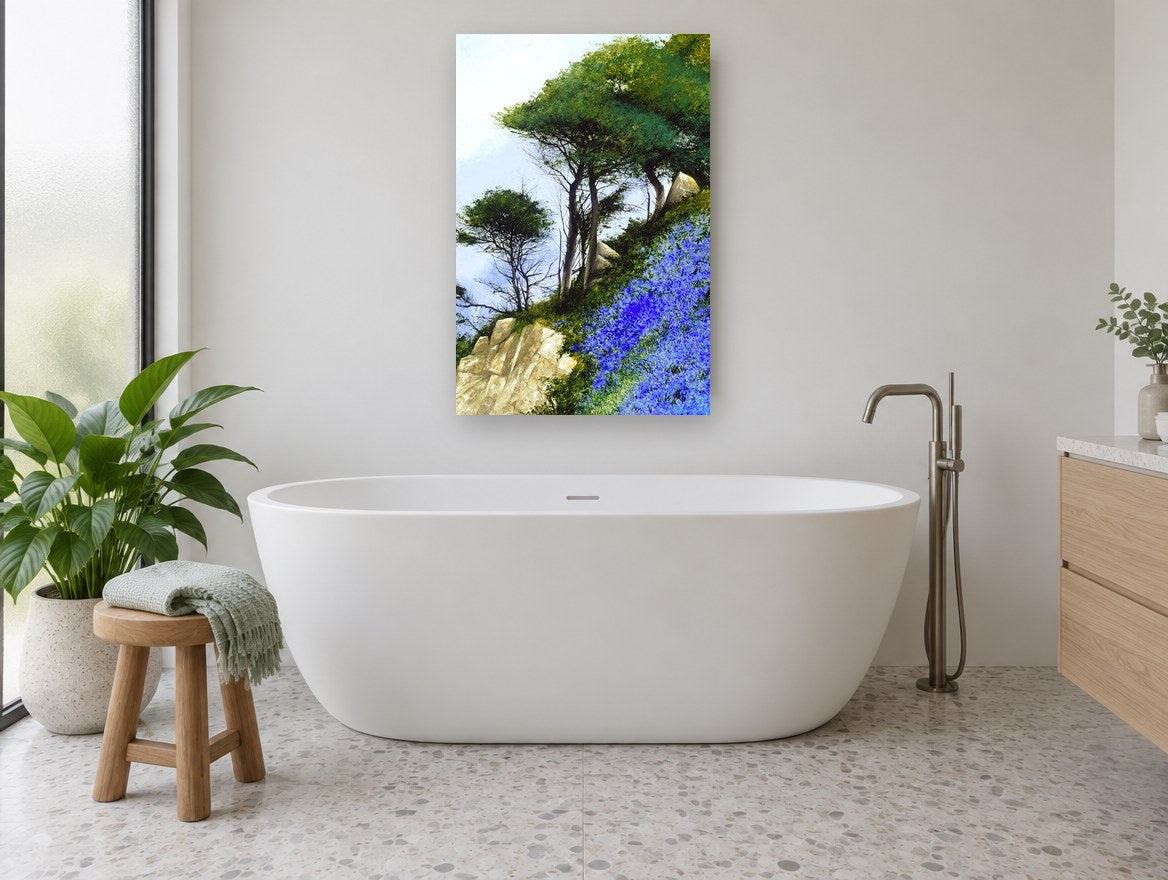 Bluebell Cliffside floral canvas print on the wall of a bathroom