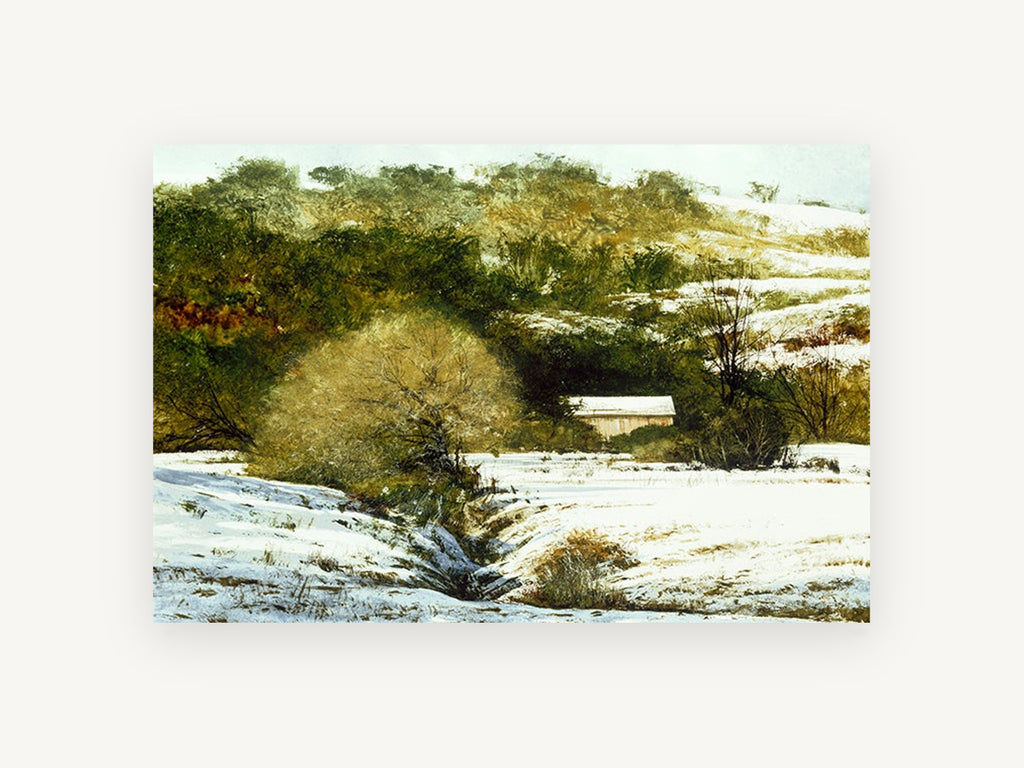 Snowy Hollow Barn, snowy hillside barn landscape painting, landscape canvas wall art print, front view