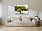 Snowy Hollow Barn landscape canvas print on the wall of a living room