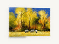 Sheep Under Golden Trees, grazing sheep autumn trees painting, landscape canvas wall art print ready to hang