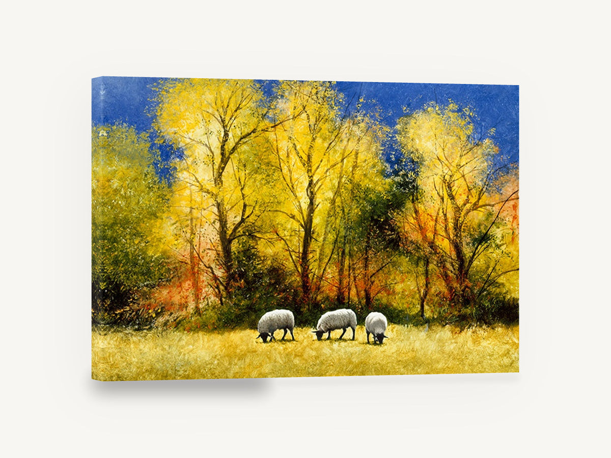 Sheep Under Golden Trees, grazing sheep autumn trees painting, landscape canvas wall art print ready to hang