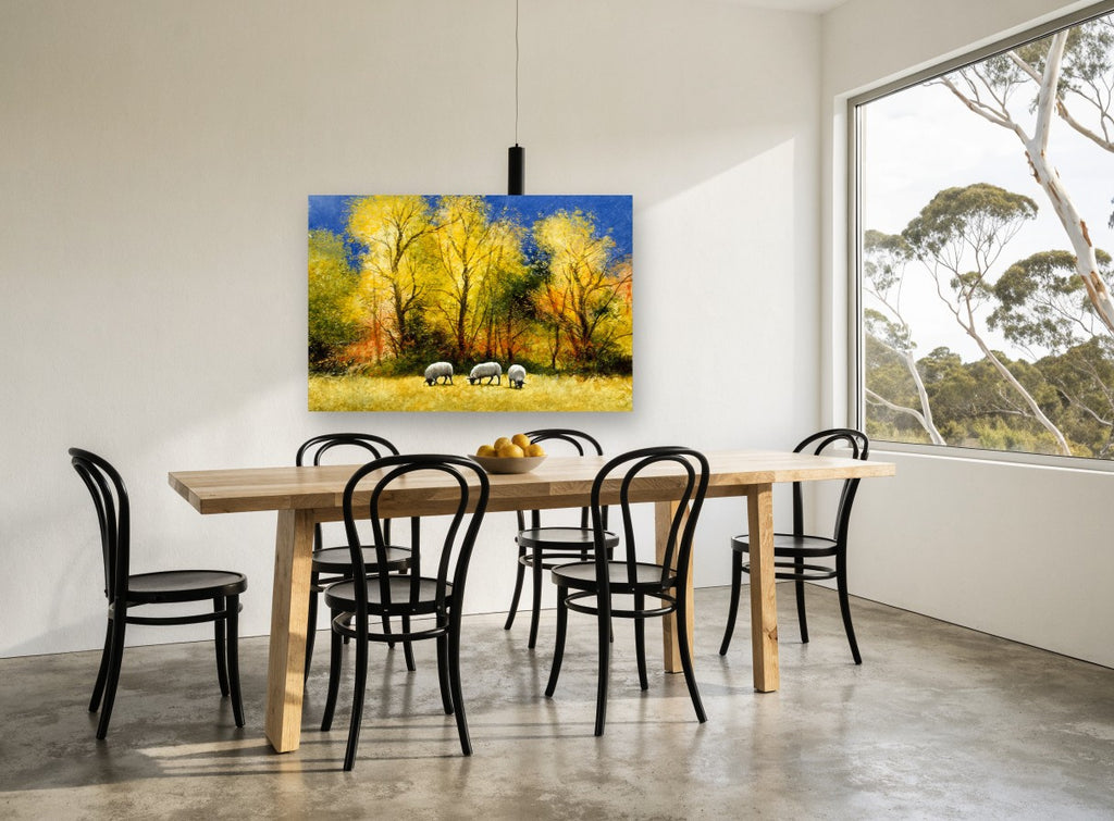 Sheep Under Golden Trees landscape canvas print on the wall of a dining room