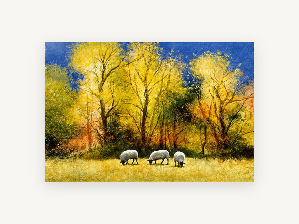 Sheep Under Golden Trees, grazing sheep autumn trees painting, landscape canvas wall art print, front view
