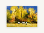 Sheep Under Golden Trees, grazing sheep autumn trees painting, landscape canvas wall art print, front view