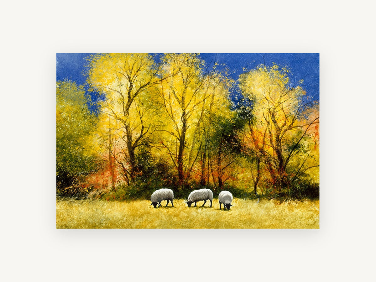 Sheep Under Golden Trees, grazing sheep autumn trees painting, landscape canvas wall art print, front view
