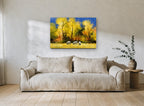 Sheep Under Golden Trees landscape canvas print on the wall of a living room
