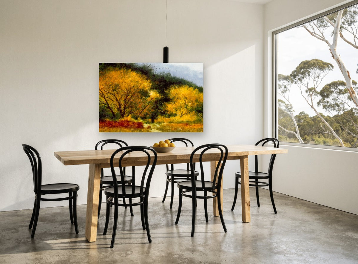 Golden Wood Path landscape canvas print on the wall of a dining room