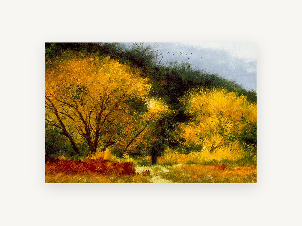 Golden Wood Path, golden autumn trees path landscape, landscape canvas wall art print, front view