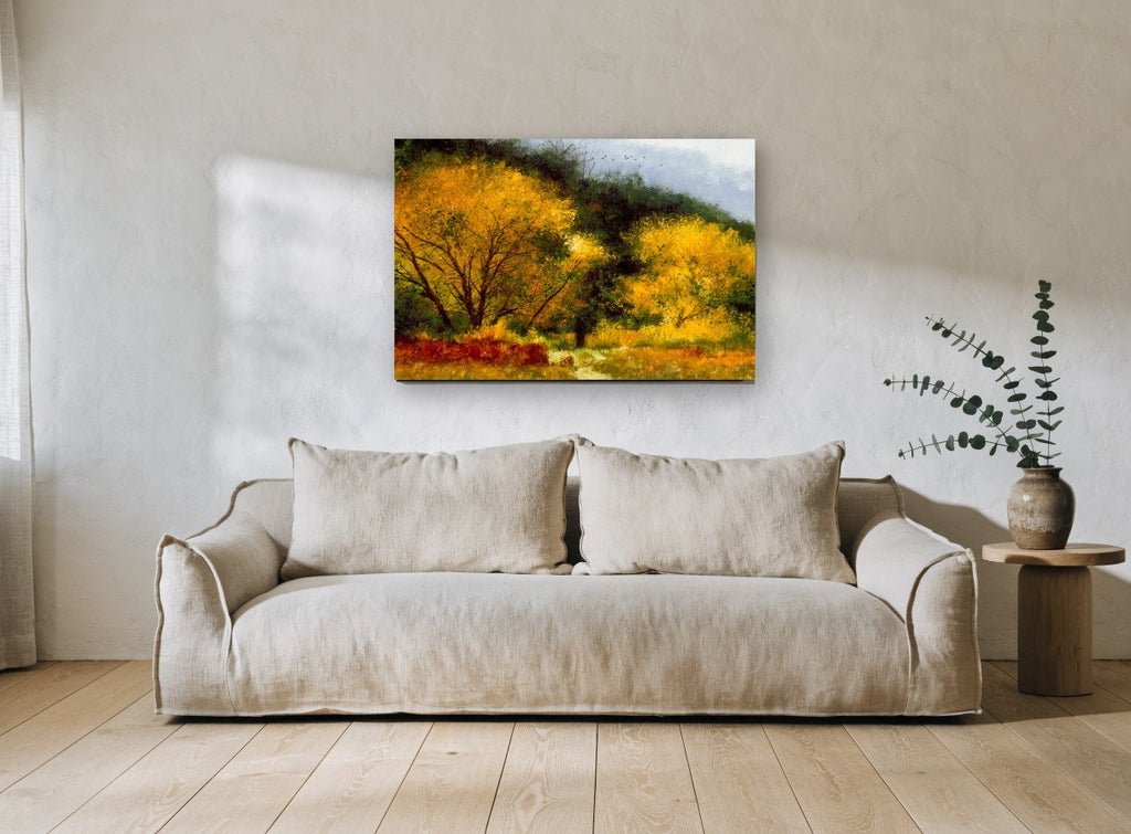 Golden Wood Path landscape canvas print on the wall of a living room
