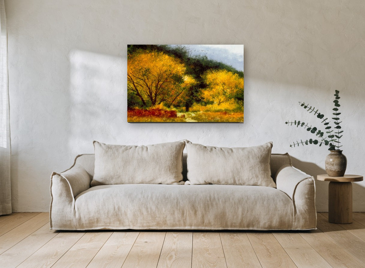 Golden Wood Path landscape canvas print on the wall of a living room