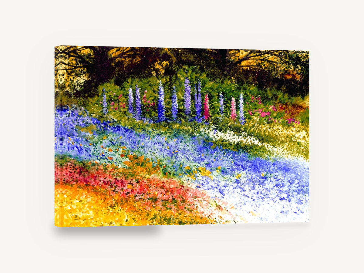 Delphinium Garden Drift, delphinium garden impressionist floral landscape, floral canvas wall art print ready to hang