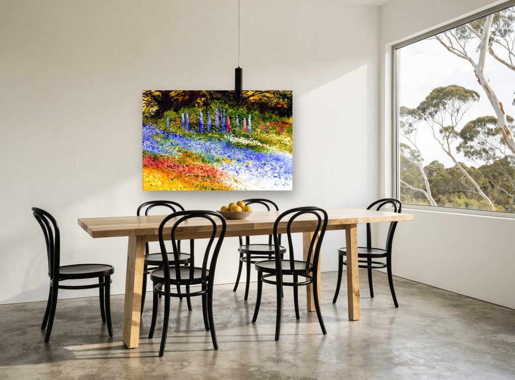 Delphinium Garden Drift floral canvas print on the wall of a dining room