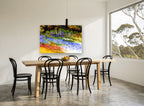 Delphinium Garden Drift floral canvas print on the wall of a dining room