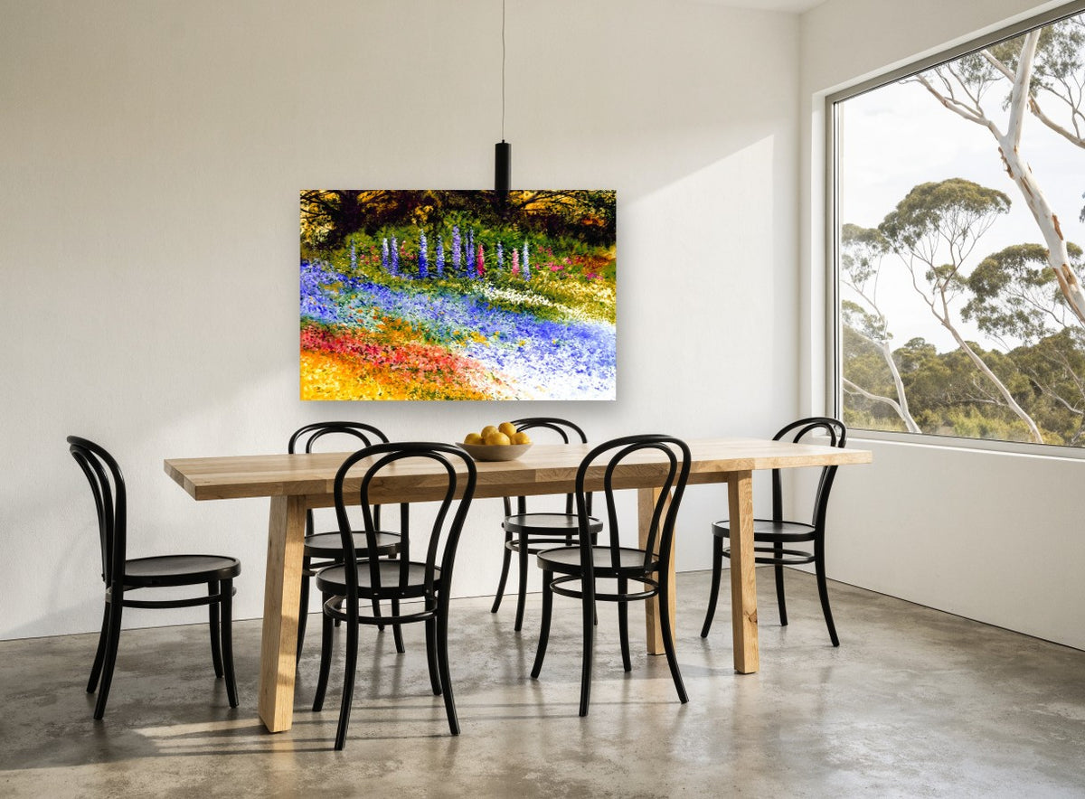 Delphinium Garden Drift floral canvas print on the wall of a dining room