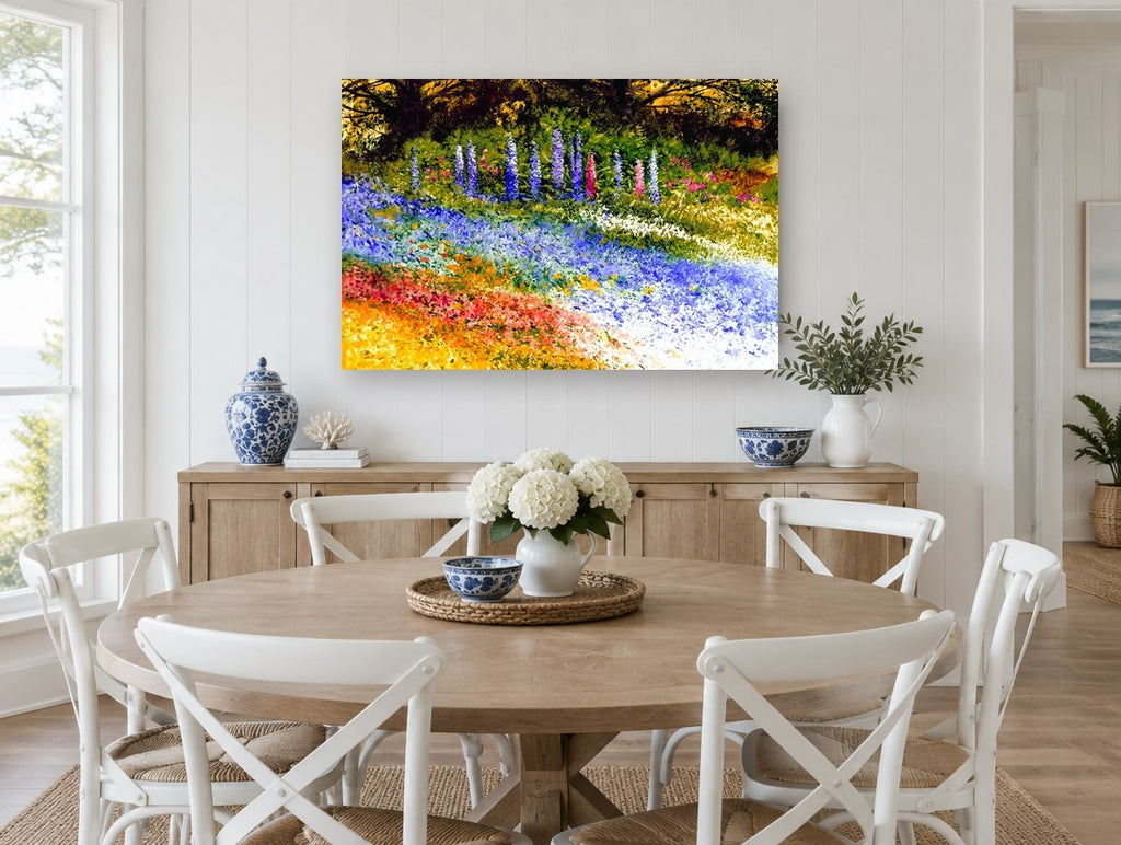 Delphinium Garden Drift floral canvas print on the wall of a Hamptons dining room