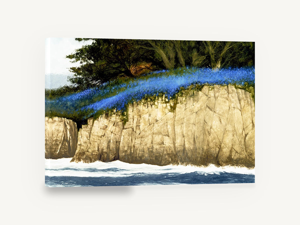 Bluebell Cliff Edge, blue wildflower sea cliff artwork, coastal canvas wall art print ready to hang