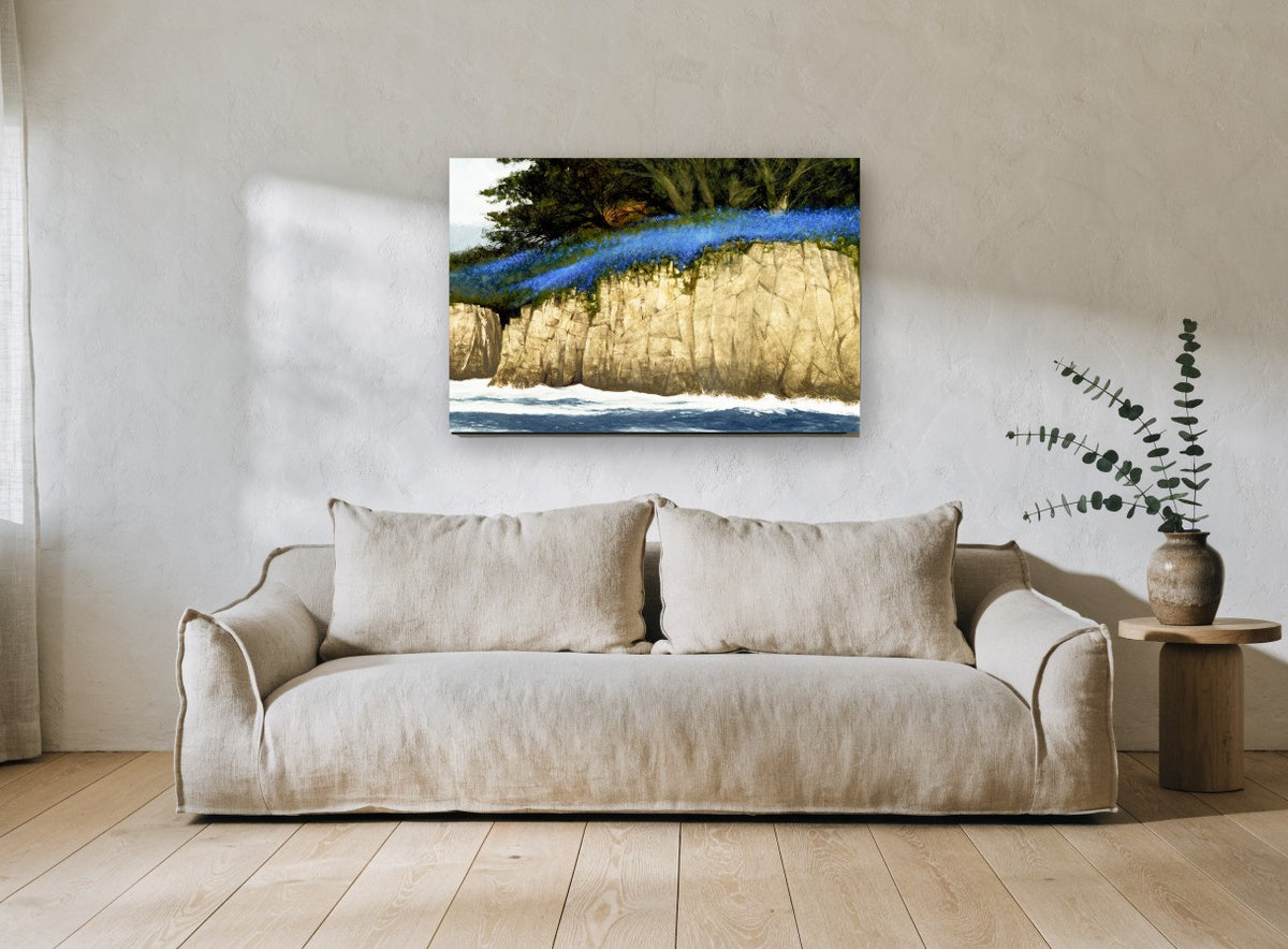 Bluebell Cliff Edge coastal canvas print on the wall of a living room