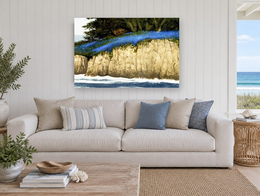 Bluebell Cliff Edge coastal canvas print on the wall of a beach house living room
