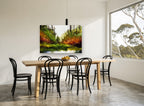 Hidden Autumn Pond landscape canvas print on the wall of a dining room