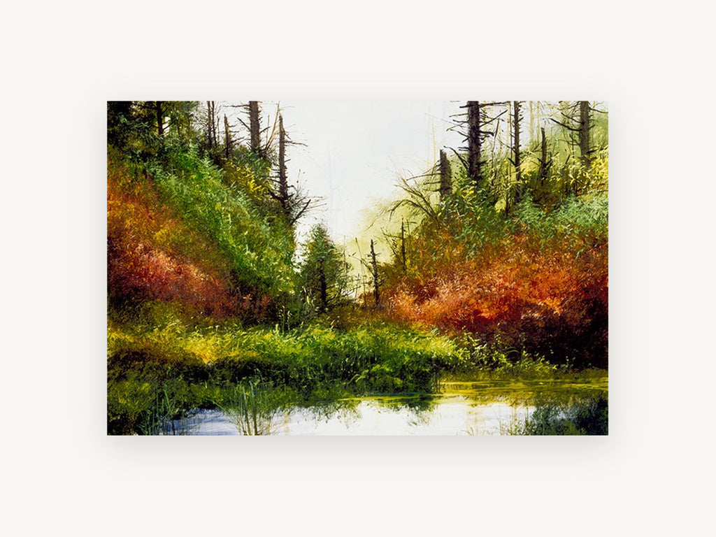 Hidden Autumn Pond, autumn forest pond landscape painting, landscape canvas wall art print, front view