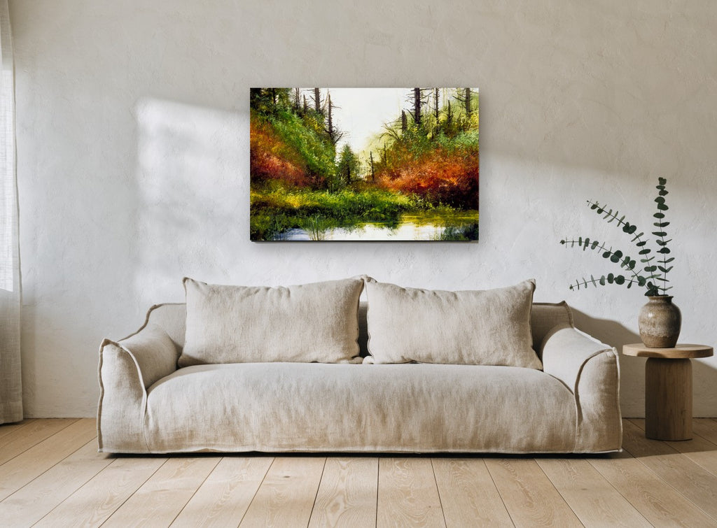 Hidden Autumn Pond landscape canvas print on the wall of a living room