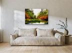 Hidden Autumn Pond landscape canvas print on the wall of a living room