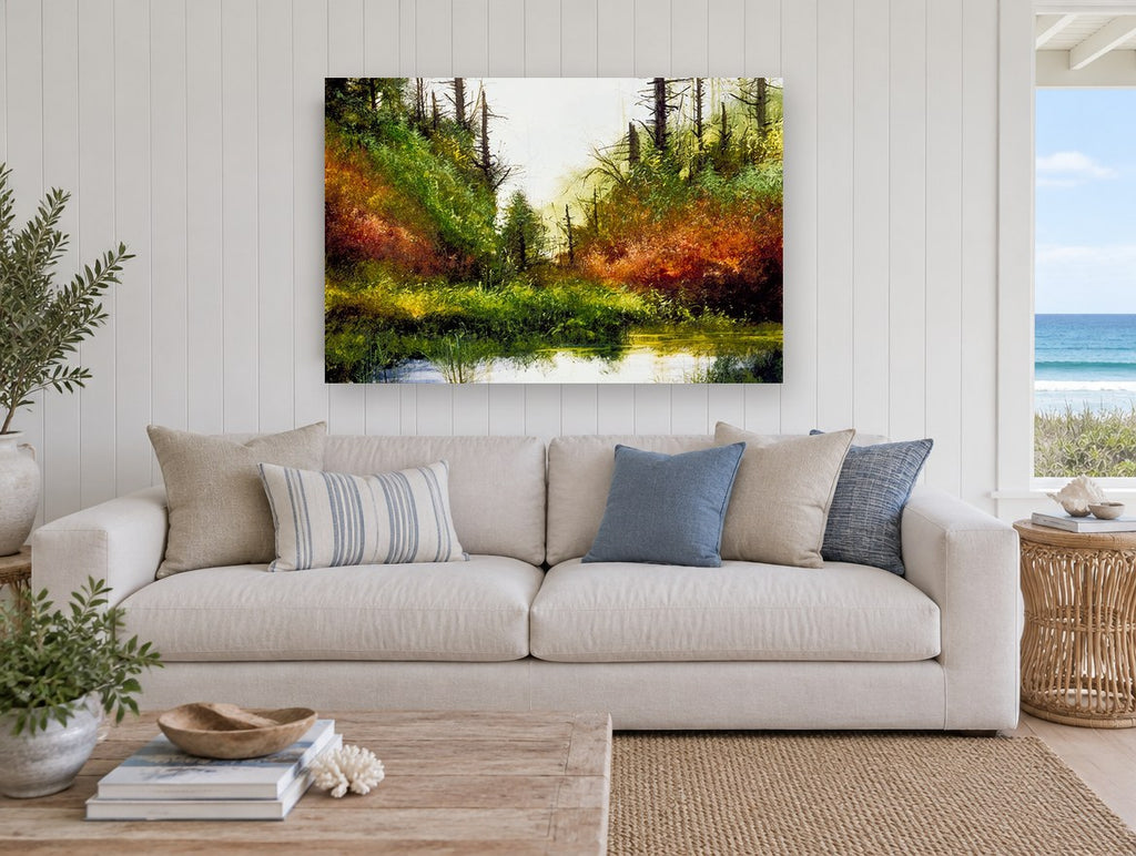 Hidden Autumn Pond landscape canvas print on the wall of a beach house living room